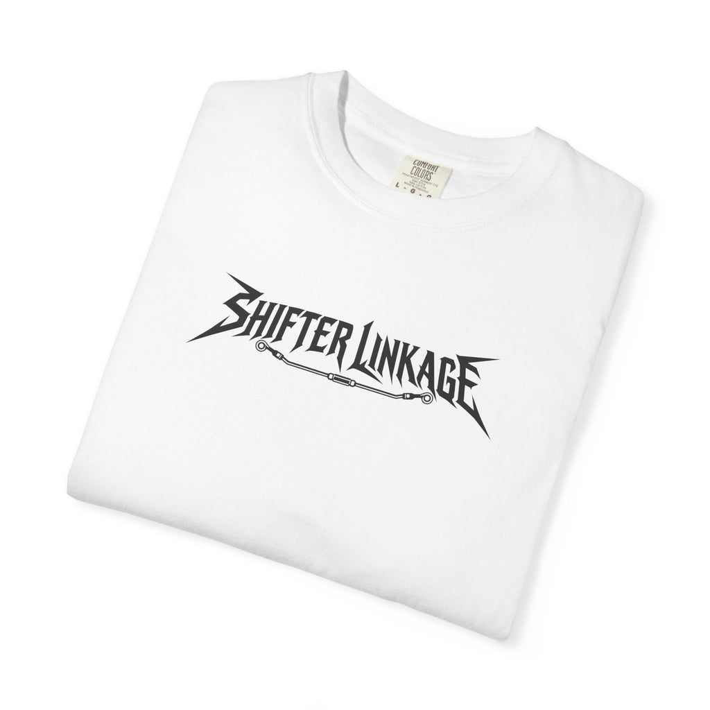 White crew-neck tee with black Shifter Linkage graphic logo, short sleeves