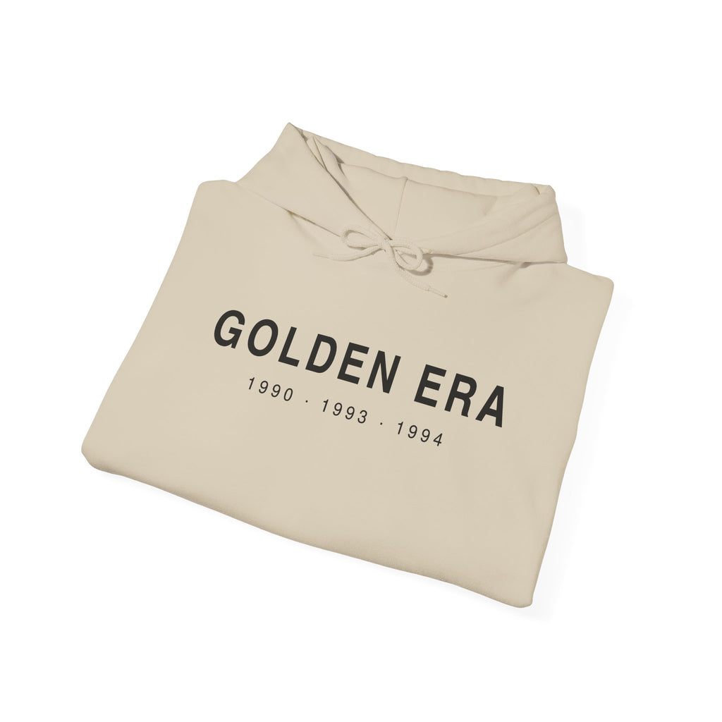 Beige pullover hoodie with “GOLDEN ERA” logo text on the front