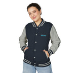 Racing varsity jacket front view, dark navy body with heather gray sleeves; snap buttons and ribbing