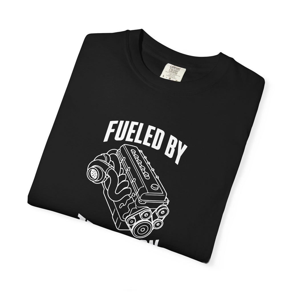 Black T-shirt with 'Fueled by Tradition' inline six engine graphic on front