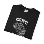 Black T-shirt with 'Fueled by Tradition' inline six engine graphic on front