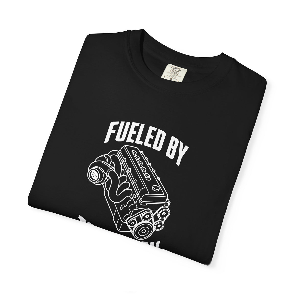 Black T-shirt with 'Fueled by Tradition' inline six engine graphic on front