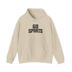 Go Sports hoodie in sand with front kangaroo pocket, drawstring hood, and logo