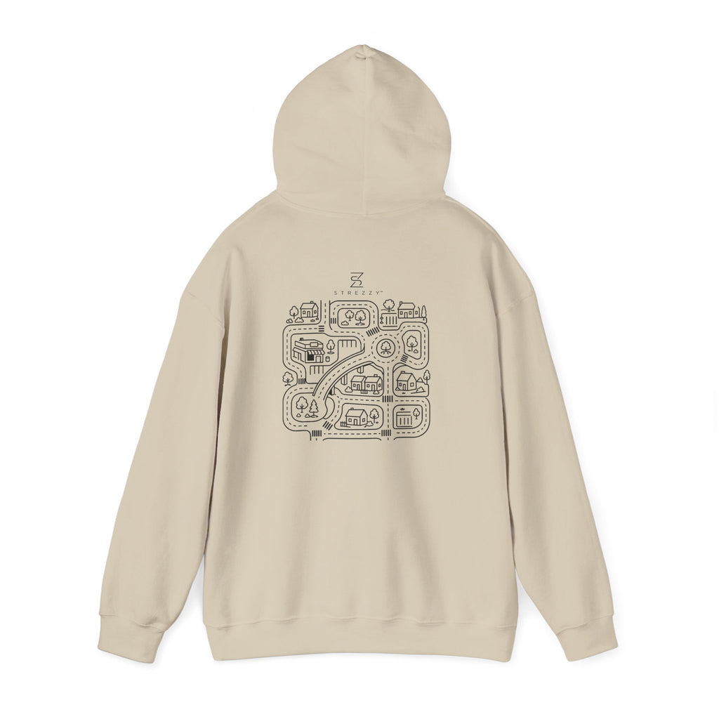Sand pullover hoodie, back view with street map graphic and drawstring hood