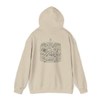 Sand pullover hoodie, back view with street map graphic and drawstring hood