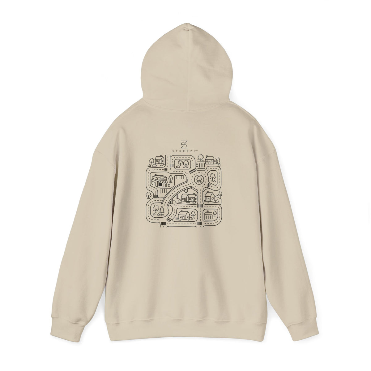Sand pullover hoodie, back view with street map graphic and drawstring hood