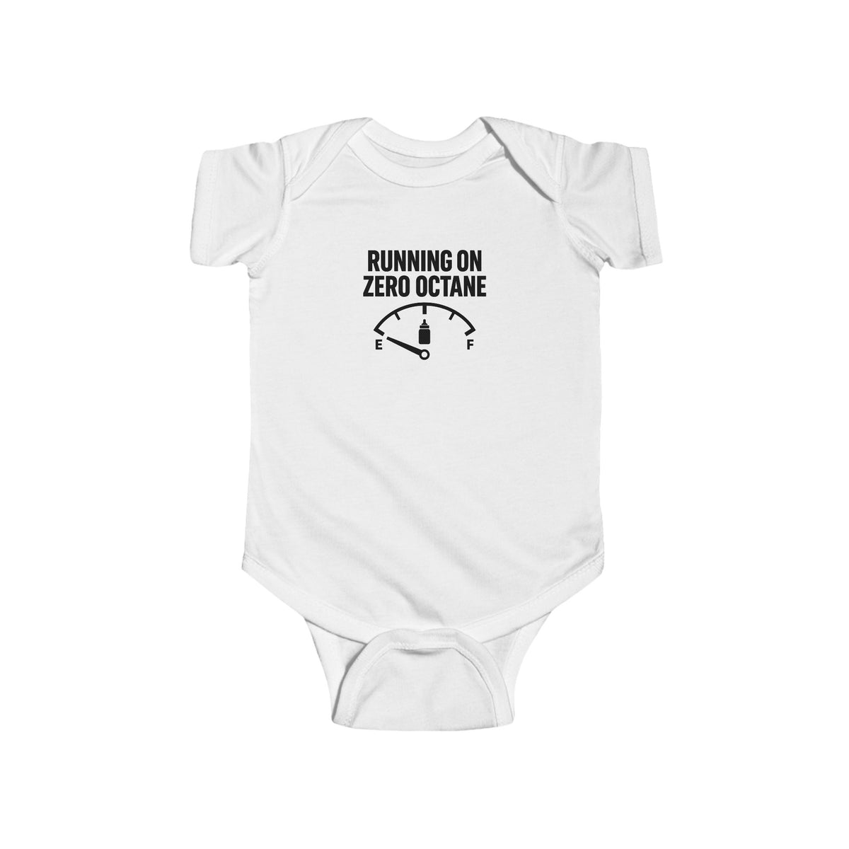 White baby bodysuit with short sleeves and snap bottom, center printed slogan graphic.