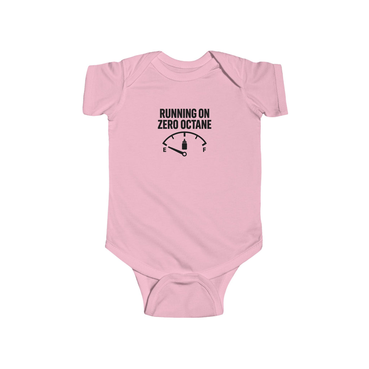 Pink baby bodysuit with short sleeves and snap bottom, center printed slogan graphic.