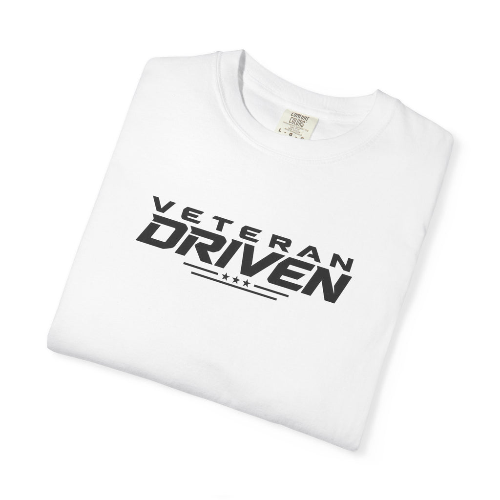 White crew-neck T-shirt with Veteran Driven logo graphic on front