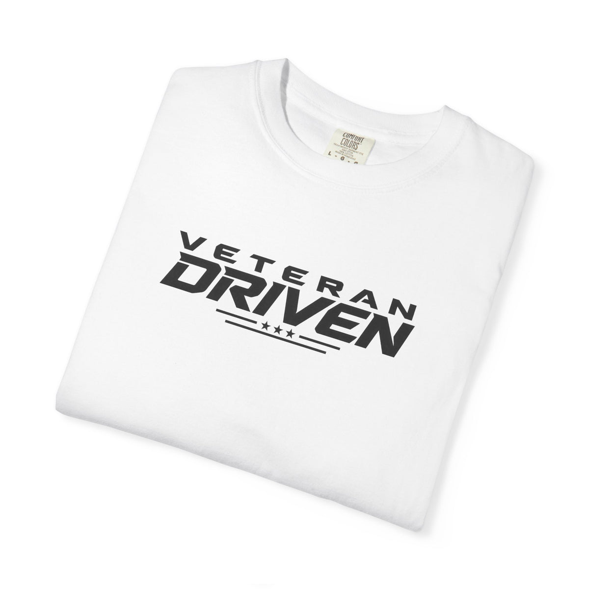 White crew-neck T-shirt with Veteran Driven logo graphic on front