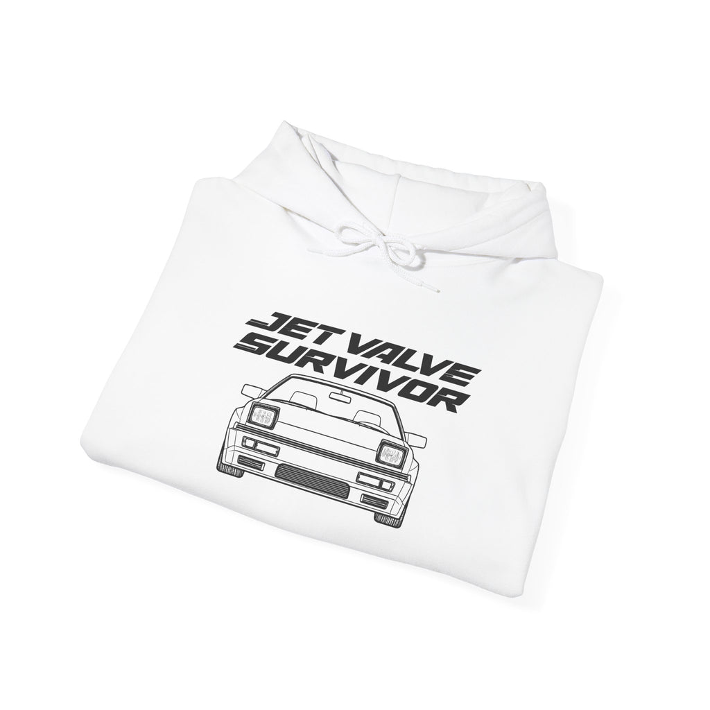 White pullover hoodie with drawstring hood and front graphic car logo