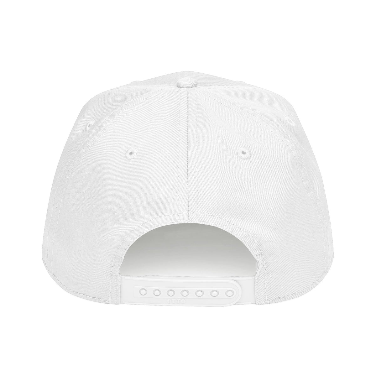 White baseball hat back view with ventilation eyelets and snapback strap.