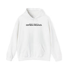 White hoodie with pullover hood, front pocket, and Open Road logo embroidery
