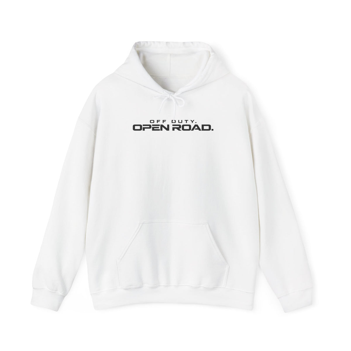 White hoodie with pullover hood, front pocket, and Open Road logo embroidery