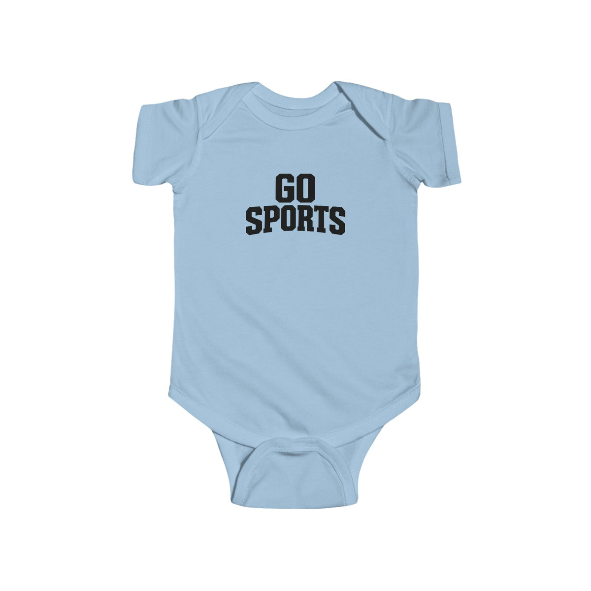 Light blue baby bodysuit with 'GO SPORTS' chest logo, short sleeves