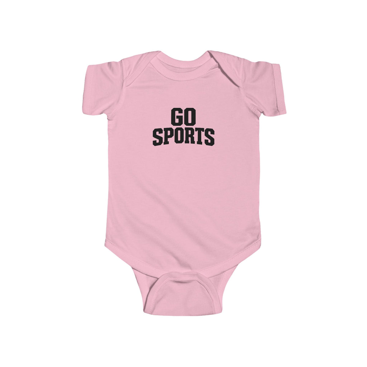Pink baby bodysuit with short sleeves and 'GO SPORTS' chest graphic.