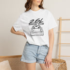 White crew-neck T-shirt worn by model; front shows 2.6L Social Club car logo