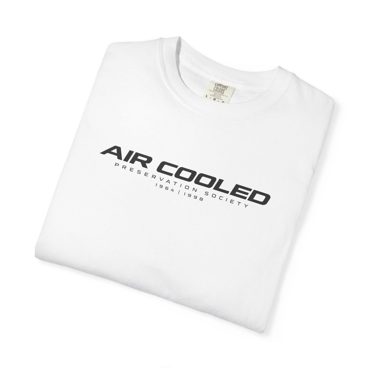 White crew-neck T-shirt with front "AIR COOLED" logo print