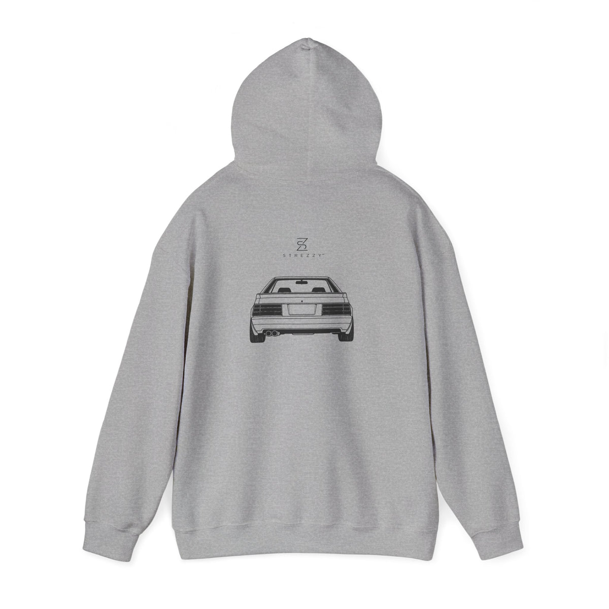 Sport grey silhouette hoodie with rear car graphic and small logo text above