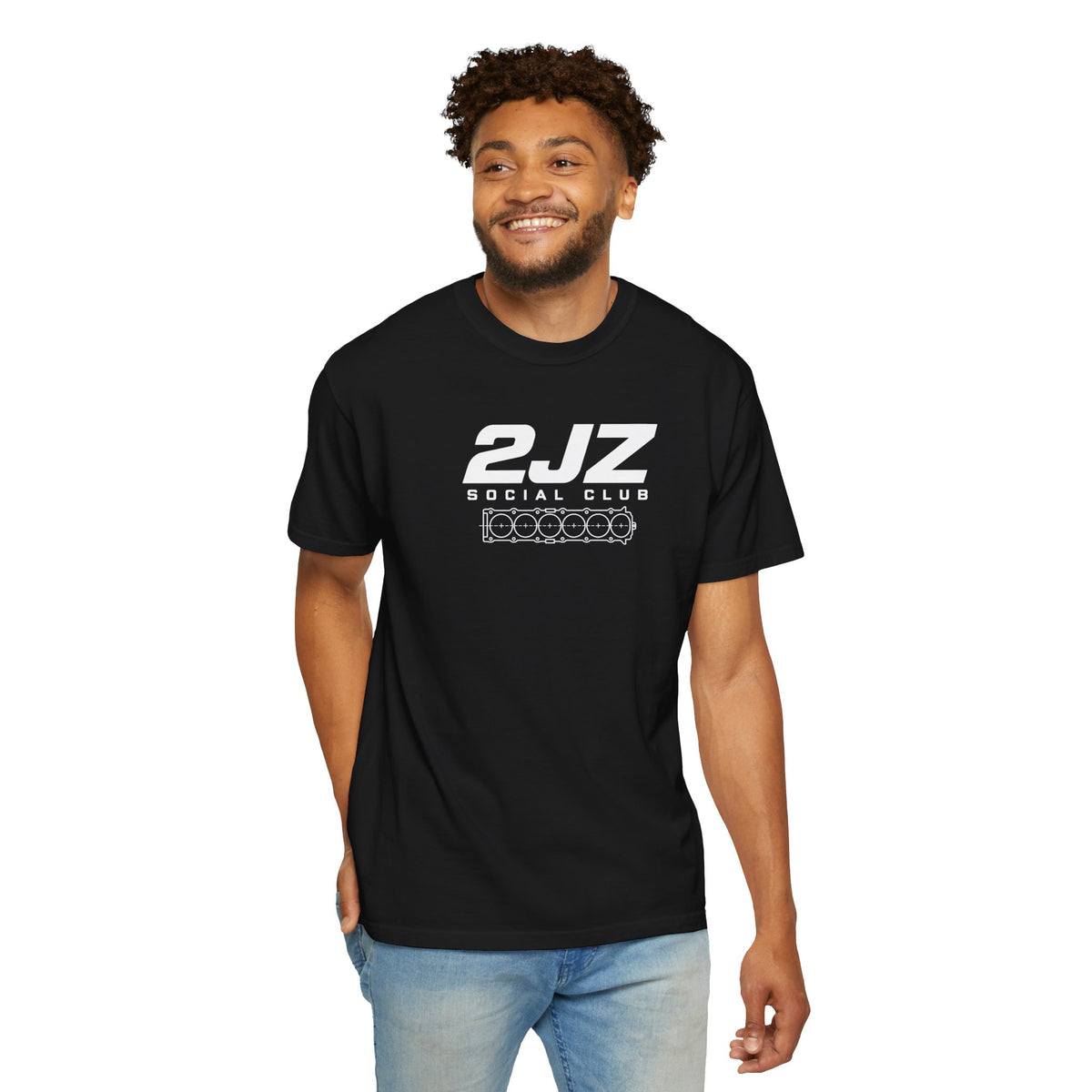 Black crewneck T-shirt with front logo graphic print.