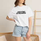 White crewneck T-shirt with black ASYNC SYNCHROS logo, short sleeves