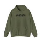Military green hoodie with Veteran Driven logo, hood drawstrings, and front kangaroo pocket