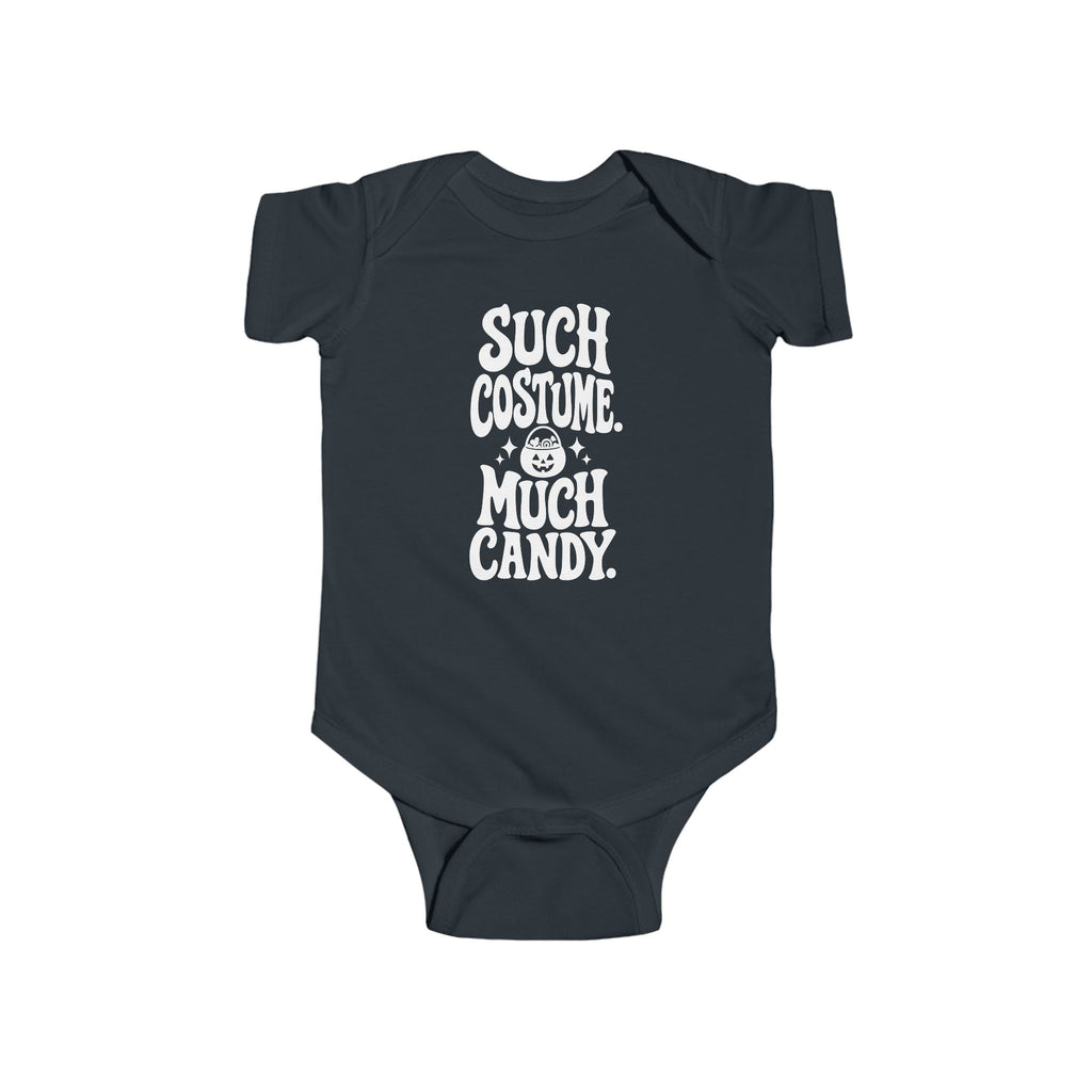 Dark baby bodysuit with white “SUCH COSTUME. MUCH CANDY.” graphic on front