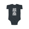 Dark baby bodysuit with white “SUCH COSTUME. MUCH CANDY.” graphic on front
