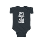 Dark baby bodysuit with white “SUCH COSTUME. MUCH CANDY.” graphic on front