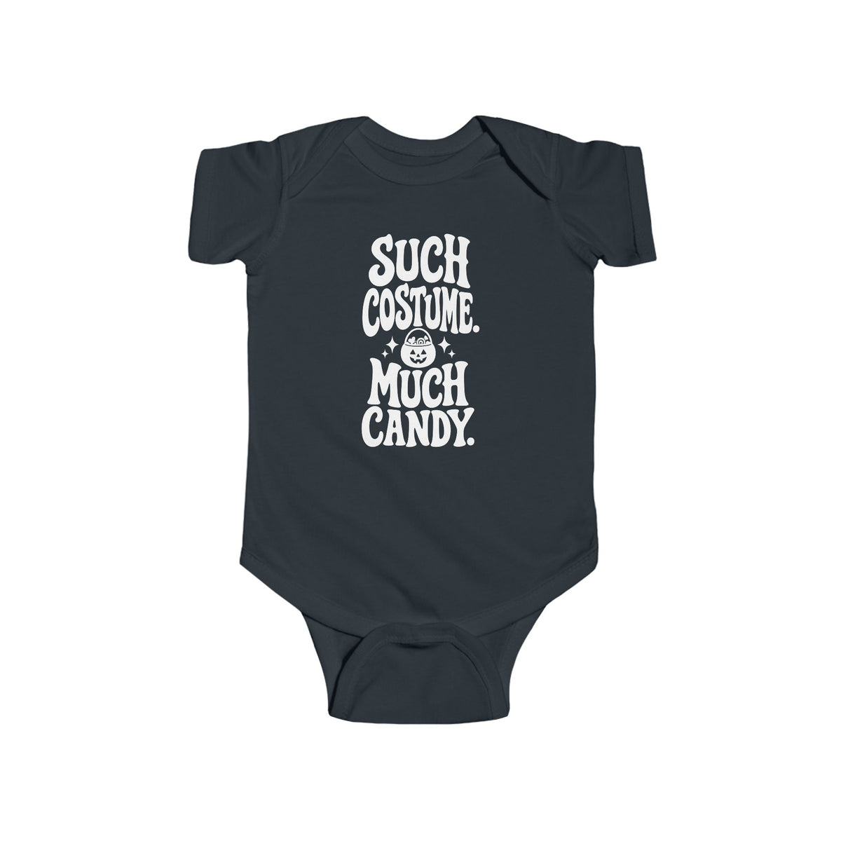 Dark baby bodysuit with white “SUCH COSTUME. MUCH CANDY.” graphic on front