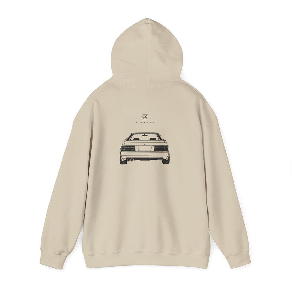 Sand beige hoodie, back view with small logo and car graphic print.