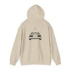 Sand beige hoodie, back view with small logo and car graphic print.