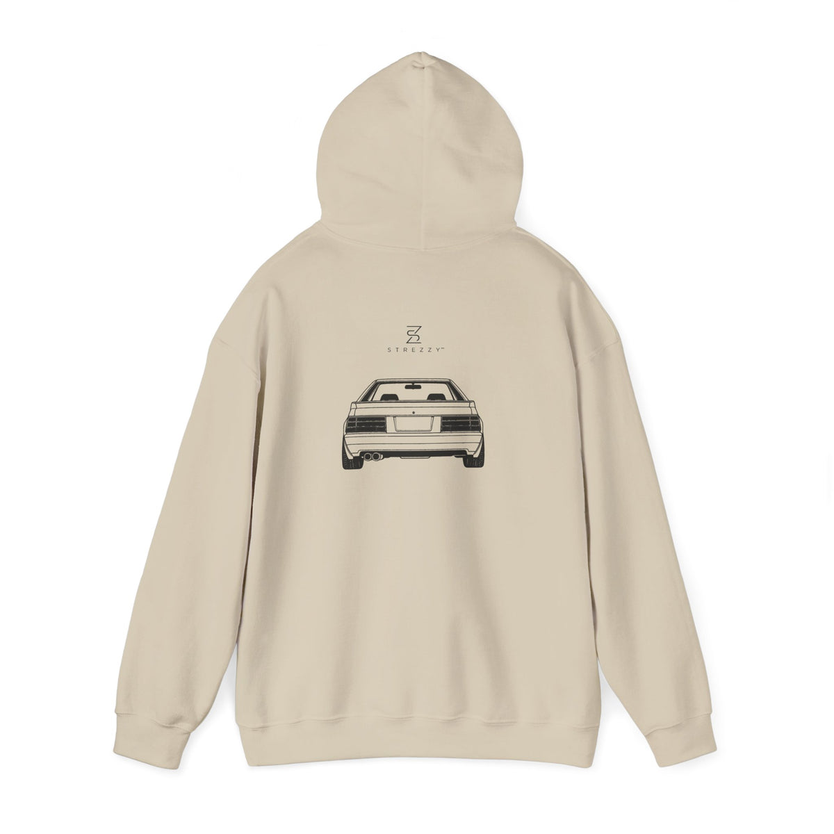 Sand beige hoodie, back view with small logo and car graphic print.