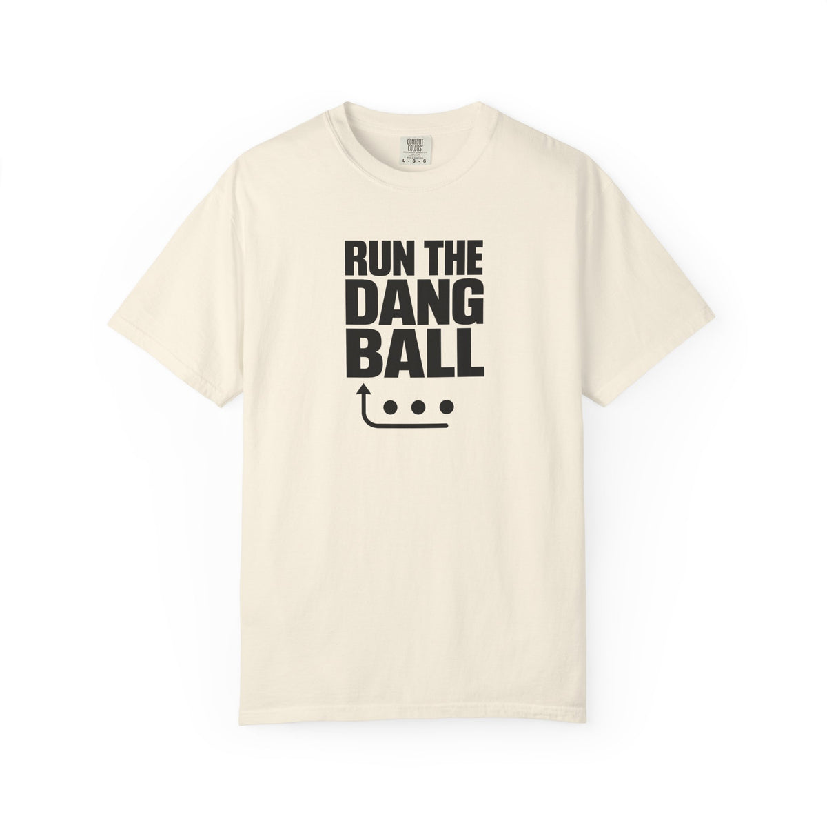 Ivory football T-shirt with bold 'RUN THE DANG BALL' graphic and ball icon