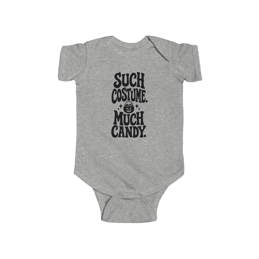 Heather gray baby bodysuit with black “SUCH COSTUME. MUCH CANDY.” graphic on front