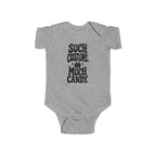 Heather gray baby bodysuit with black “SUCH COSTUME. MUCH CANDY.” graphic on front