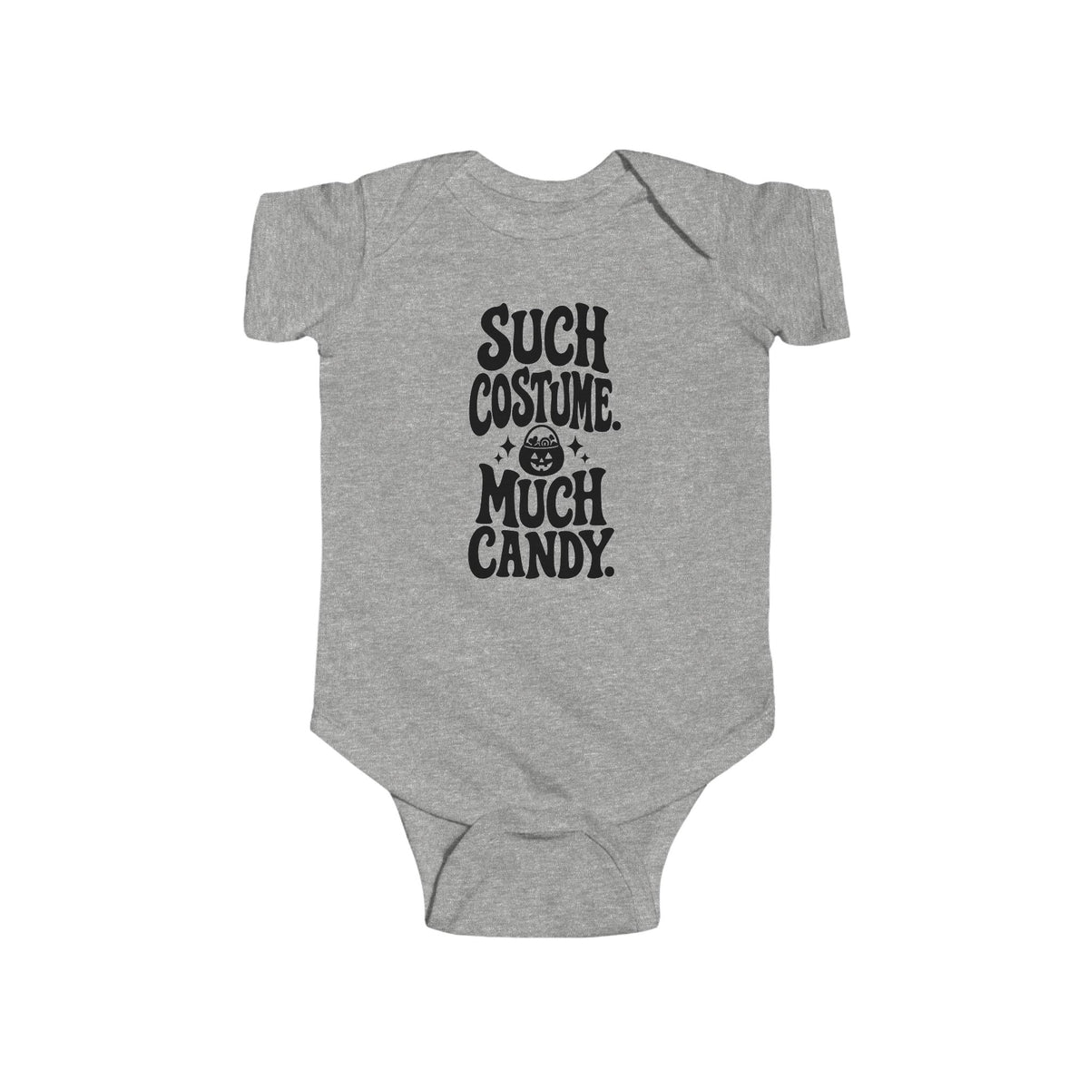 Heather gray baby bodysuit with black “SUCH COSTUME. MUCH CANDY.” graphic on front