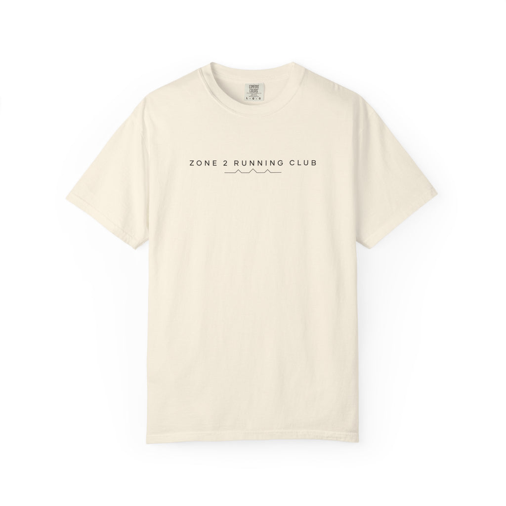 Ivory crewneck T-shirt with small “ZONE 2 RUNNING CLUB” chest logo