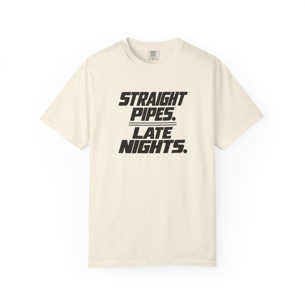 Ivory crew-neck T-shirt with dark “Straight Pipes. Late Nights.” graphic print