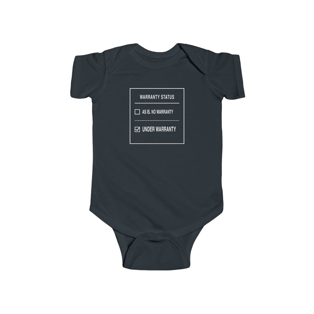 Black baby bodysuit with front “Warranty Status” graphic