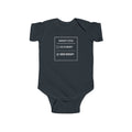 Black baby bodysuit with front “Warranty Status” graphic