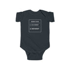 Black baby bodysuit with front “Warranty Status” graphic