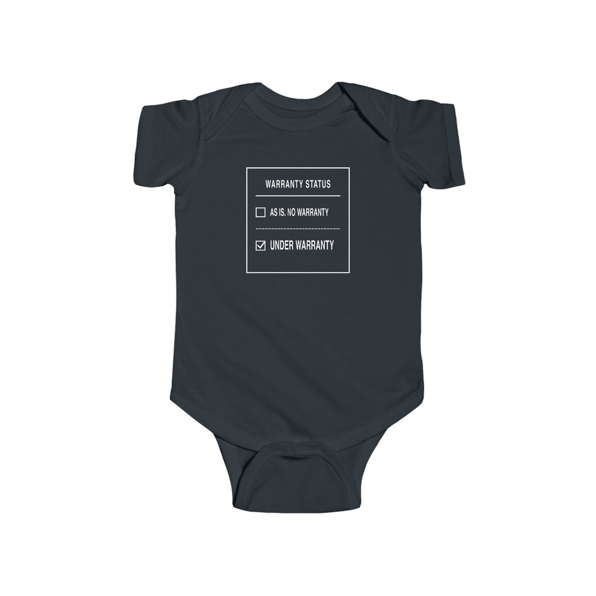 Black baby bodysuit with front “Warranty Status” graphic