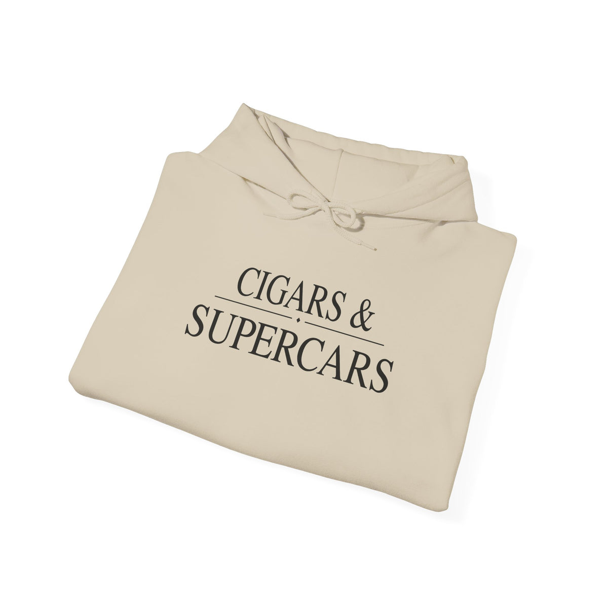 Sand hoodie with front pocket and “CIGARS & SUPERCARS” graphic, drawstring hood