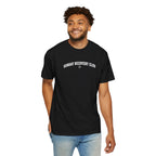 Black T-shirt worn on model with chest logo graphic print