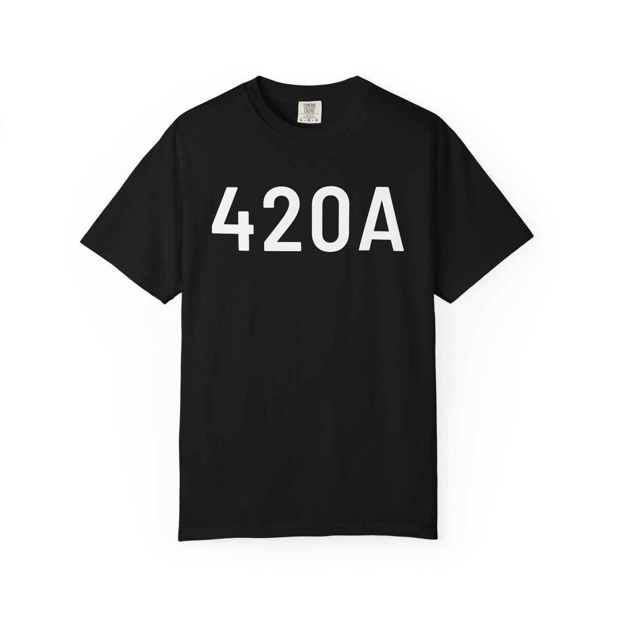 Black crewneck T-shirt with '420A' graphic on front, short sleeves.