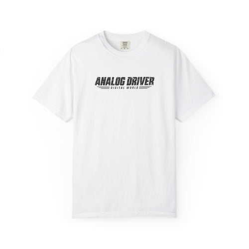 White graphic T-shirt with “ANALOG DRIVER” logo on the chest
