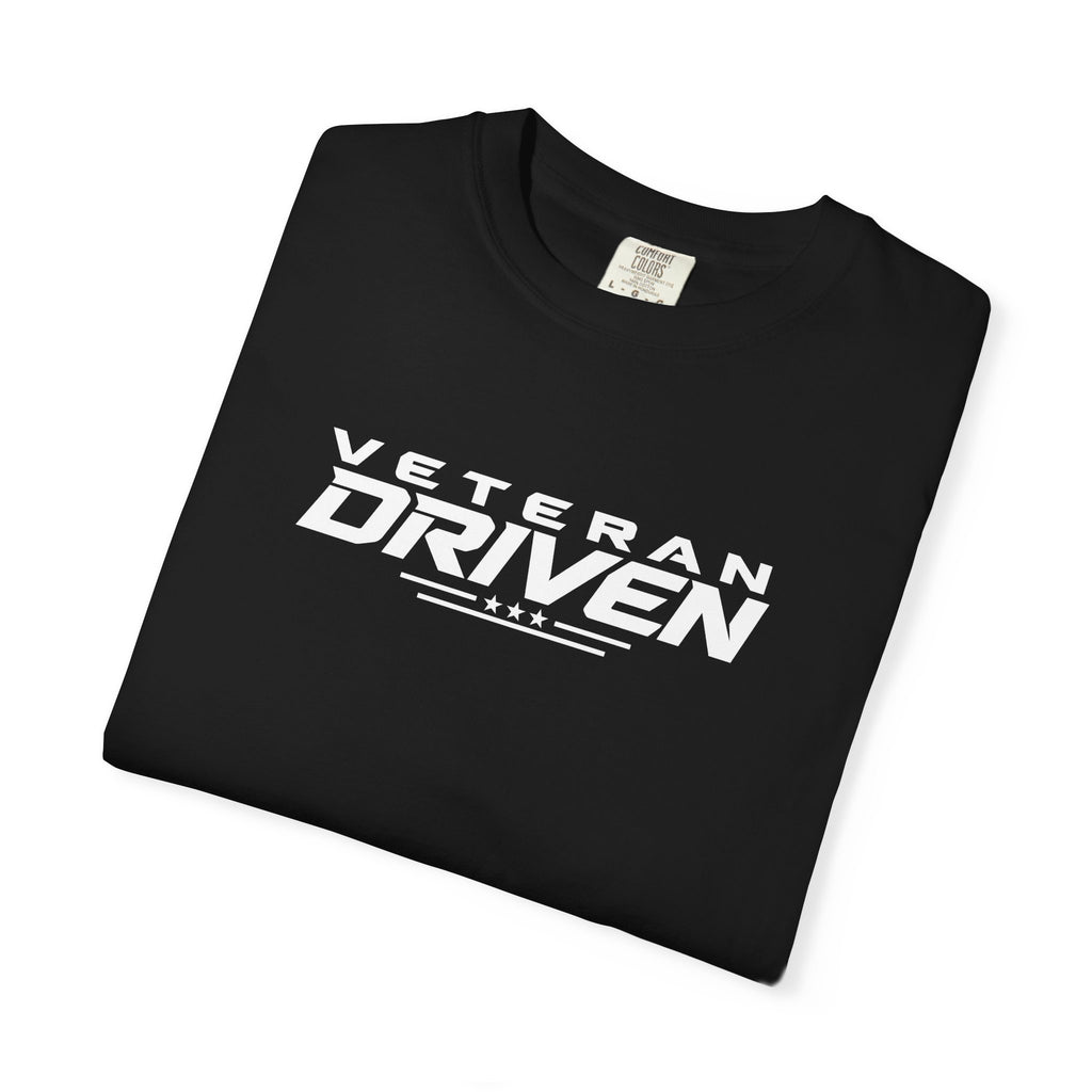 Black crew-neck T-shirt with "VETERAN DRIVEN" logo graphic