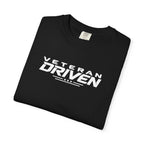 Black crew-neck T-shirt with "VETERAN DRIVEN" logo graphic