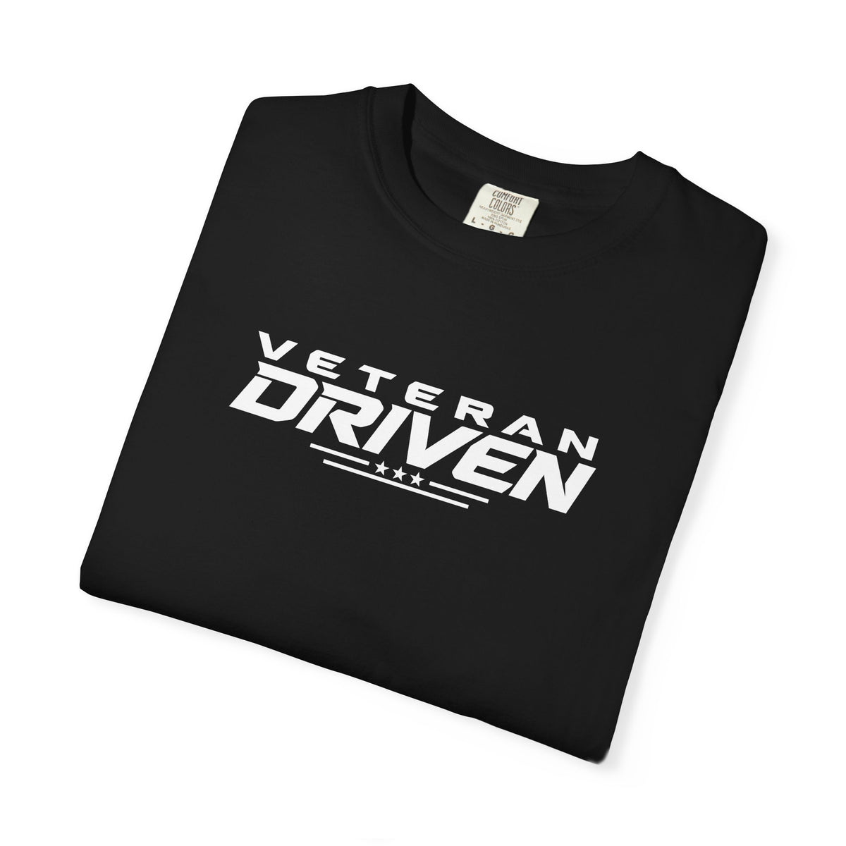 Black crew-neck T-shirt with "VETERAN DRIVEN" logo graphic
